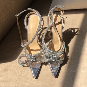 Mach & Mach Wedding Double Crystal Rhinestone Bow PVC Clear Silver Pumps Size 39